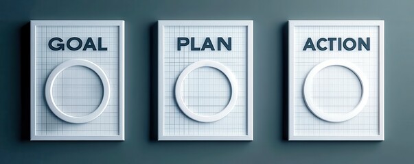 A minimalist depiction of three frames labeled "GOAL," "PLAN," and "ACTION," suggesting a systematic approach to achieving objectives.
