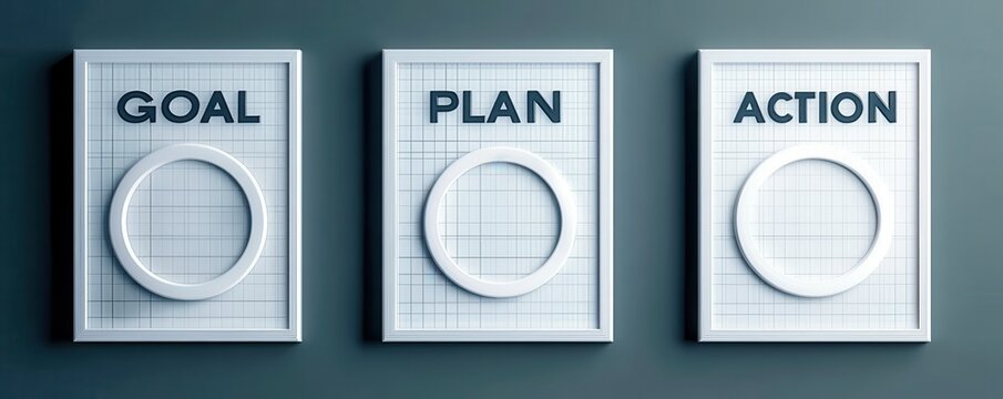 A minimalist depiction of three frames labeled "GOAL," "PLAN," and "ACTION," suggesting a systematic approach to achieving objectives.