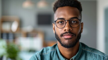 Obraz premium Confident young man with glasses and beard in a modern office setting