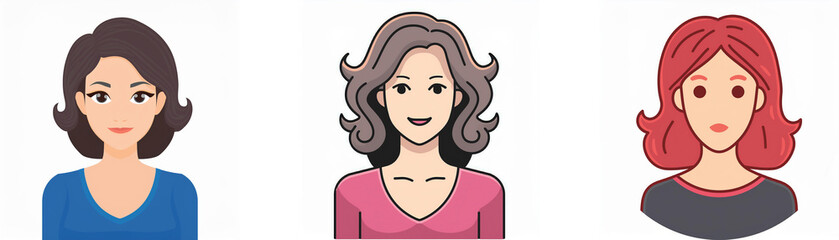 Three cartoon women with different hairstyles and clothing.