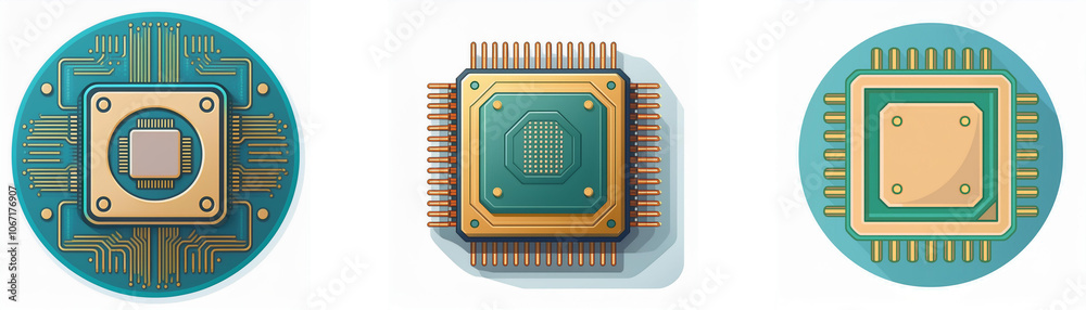 Poster Three stylized depictions of computer chips, each with a unique design.