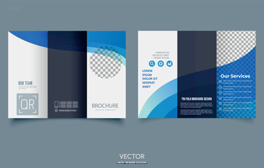 Trifold brochure with blue waves. , print ready, modern design template for business