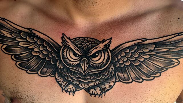 A black and white owl tattoo with outstretched wings on a person's chest
