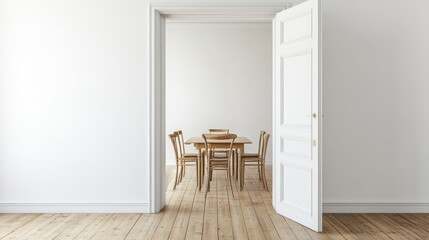 Open entrance view of a dining room featuring a simple table and chairs with an empty white wall in the background, ideal for family meals.