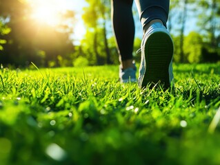 A close-up view of a person walking on fresh green grass in a sunlit park, representing health and outdoor lifestyle.