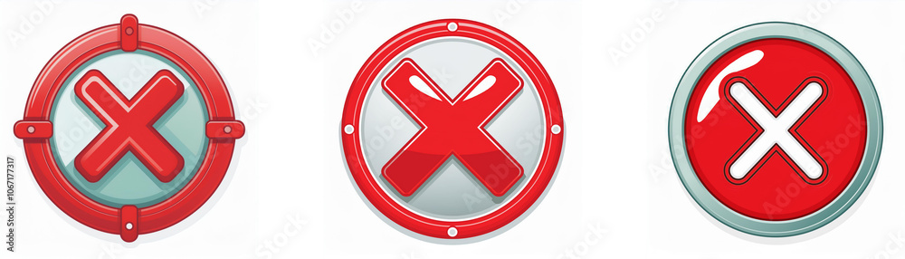 Leinwandbilder Three red circle buttons with a white 'X' in the center, each with a different metallic trim.