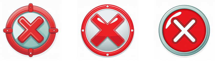 Three red circle buttons with a white 'X' in the center, each with a different metallic trim.
