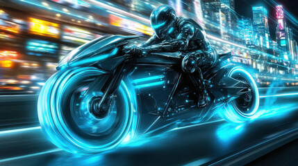 Obraz premium A futuristic motorcyclist speeds through a neon-lit cityscape, with glowing wheels and a sleek black bike, embodying a high-tech and dynamic atmosphere.