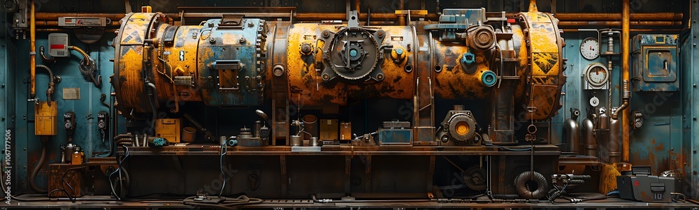 Aufkleber an industrial machine featuring intricate gears and tubes, showcasing a blend of orange and turquois