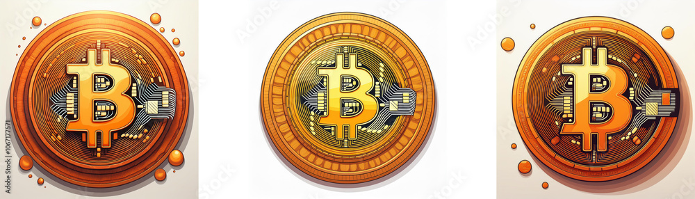 Poster three gold coins with a bitcoin symbol inside surrounded by an orange ring.