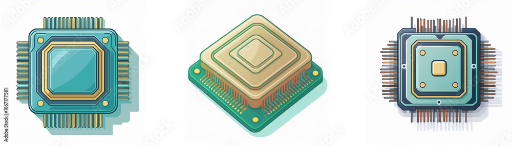 Fototapete Three different computer chips with a variety of design styles and colors.