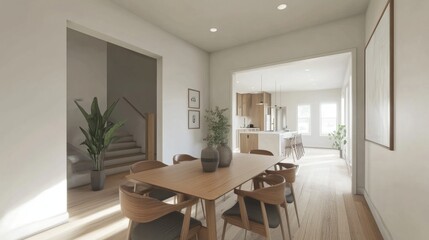 View from dining room entrance, showcasing a modern table, chairs, and a blank white wall, offering a clean, versatile space for decor