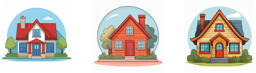Fototapeta premium Three cartoon houses, each with different colors and styles, are shown on white background with blue sky above.