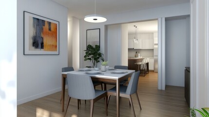Fototapeta premium View from dining room entrance, showcasing a modern table, chairs, and a blank white wall, offering a clean, versatile space for decor