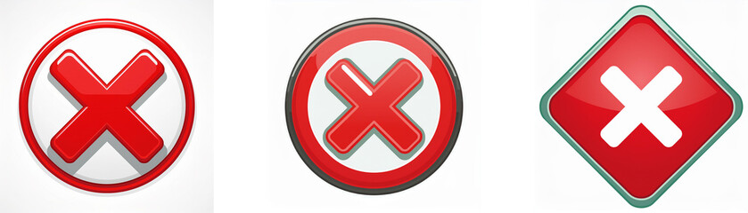 Obraz premium Three red symbols with white X's in the center. One is a circle, one has a thick red border, and one is a diamond shape.