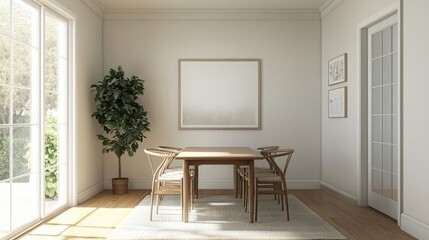 Fototapeta premium Warm, inviting dining room entrance with a simple table, chairs, and a blank white wall in the background, ready to be personalized with decor.