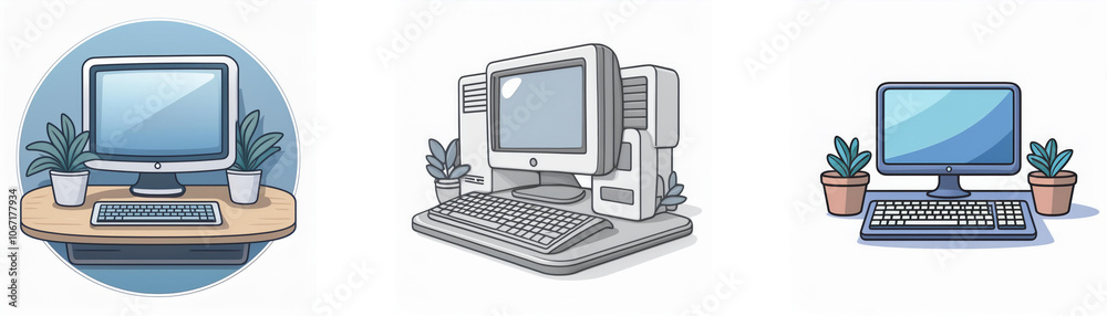 Aufkleber Three cartoon illustrations of desktop computers with keyboards and potted plants.