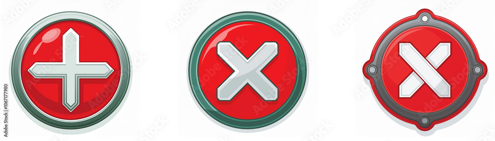 Aufkleber three circular buttons, one with a white plus sign, and two with white 