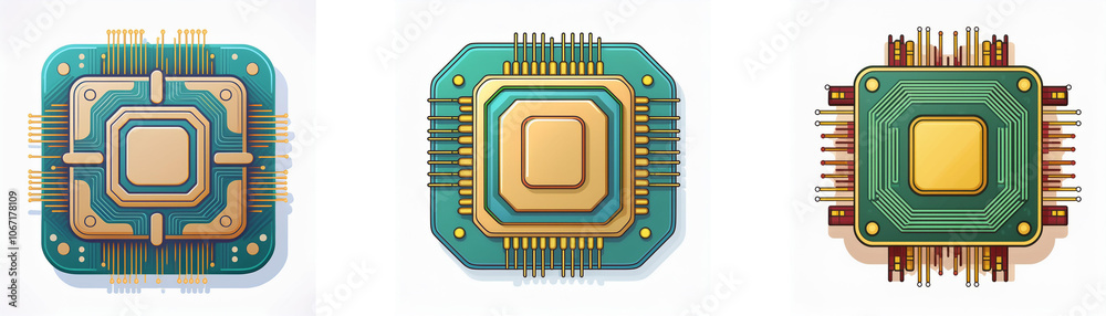 Leinwandbilder three square computer chips, one with a golden design on a green circuit board and two with a golden