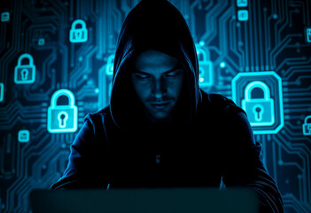 Hooded figure mask green padlock circuit background. 
Hooded figure in mask with green padlock circuit background is perfect for cybersecurity or mysterious and futuristic concepts. Hacker