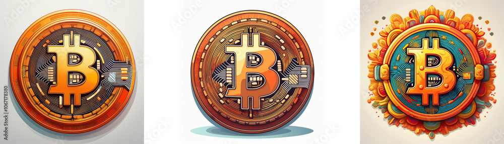 Poster Three stylized versions of the Bitcoin symbol, each with a different background and design.