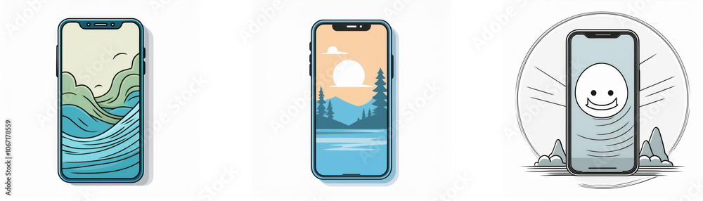 Aufkleber three illustrations of a smartphone with different backgrounds: a landscape with water and mountains