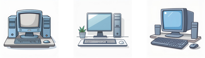 Fototapeta premium Three cartoon computers with different styles and configurations.