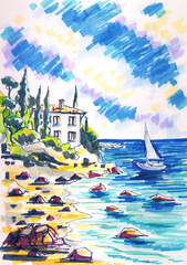 Sketch of a seascape with a house and a boat, sketch, life drawing, illustration with a Mediterranean landscape.