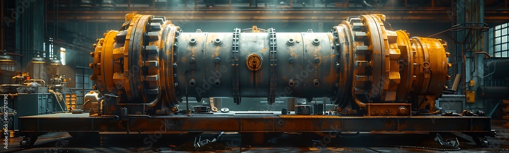 Poster a large industrial machine is showcased in a dimly lit workshop, featuring metallic components and i