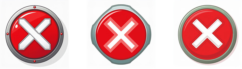 Obraz premium Three red buttons with white 'x' symbols inside. Buttons are different shapes.