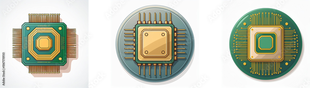 Poster Three computer microchips with gold connectors and green circuit boards, displayed on a white background.