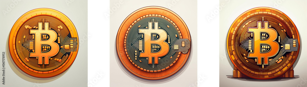 Poster three round coins with a bitcoin symbol in the center.