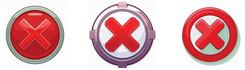 Fototapeta premium Three round red buttons with a red X on the inside, each with a different style of border.