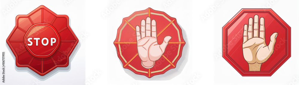 Aufkleber Three cartoon stop signs, the first red with the word stop on a white button, the second is red with a white hand in the center and the third is an octagon with a white hand in the center.
