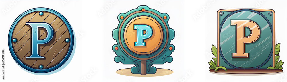 Poster Three circular badges with a capital letter P in the center. Each badge has a unique design with different colors and textures.