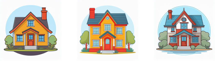 Three cartoon houses with chimneys and trees in front of them on circular backgrounds.