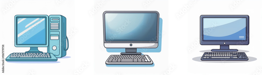 Poster three different styles of desktop computers, a tower, an all-in-one, and a slim desktop.