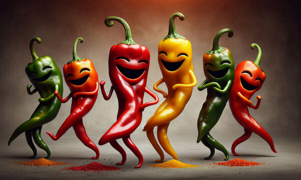 Witzige scharfe Paprika Figuren halten sich die B&auml;uche vor Lachen,  schwarzer Hintergrund, copy space