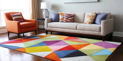 A modern living room featuring a colorful geometric rug, a stylish sofa, and an orange armchair, creating a vibrant and inviting atmosphere.