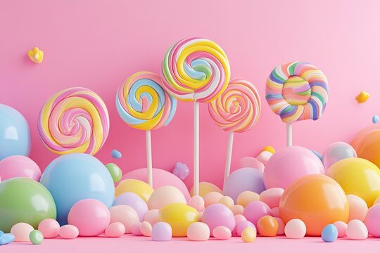 3D rendering of a colorful candy land background with rainbow lollipops and candies on a pink pastel backdrop