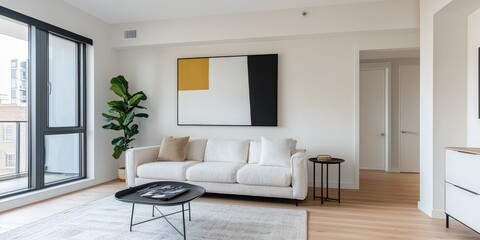 Fototapeta premium A modern, minimalist living room featuring a white couch, abstract art, a potted plant, and natural light from large windows.