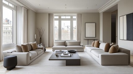 Fototapeta premium Modern Living Room with Beige Couches, Coffee Table, and City View