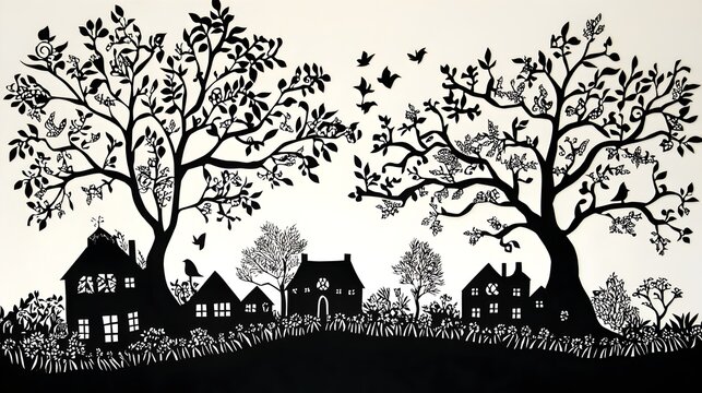 Whimsical Papercut Silhouette Landscape with Cozy Cottage and Intricate Nature Motifs