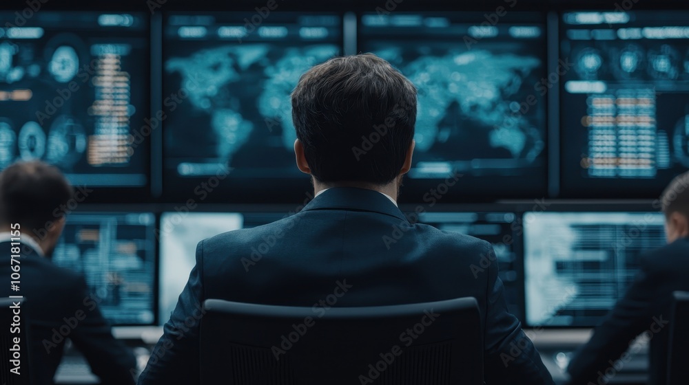 Poster a professional setting featuring individuals monitoring multiple screens displaying data, maps, and 