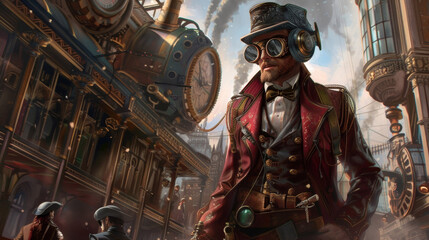 Obraz premium Steampunk adventurer in a vivid imaginative setting with goggles and attire
