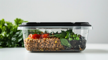 Homemade meal prep container filled with grains and greens. Healthy vegetarian dinner. Superfood, clean eating, vegan, dieting food concept. Keto diet concept