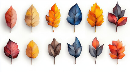 Obraz premium A colorful array of artistic leaves showcasing various shapes and autumn hues, ideal for nature enthusiasts and art lovers.