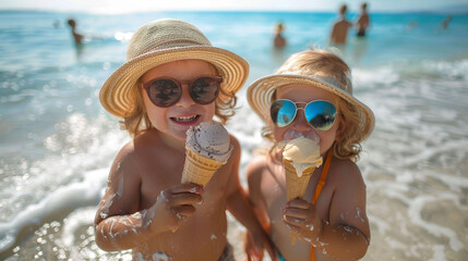 Two joyful children enjoying ice cream at the sunny beach with ocean in the background