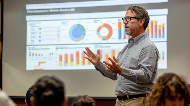 Confident researcher presenting a colorful case study on a projector screen to an attentive audience