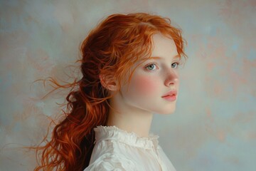 Fototapeta premium Oil Painting Portrait of Young Woman with Red Hair Wearing White Blouse.